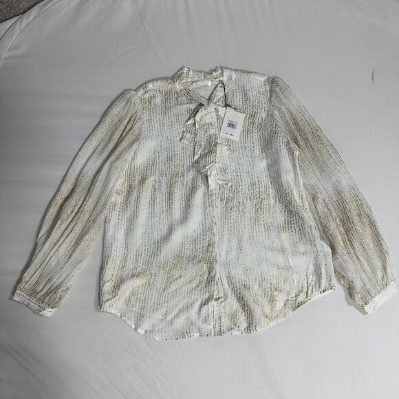 NWT 7 For All Mankind Silk Blend Tie Neck Blouse White Gold Button Down Sz Large - Picture 4 of 13